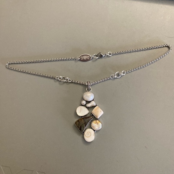 925 sterling silver overlay charm Pearl abalone fossil shiva eye shell necklace. - Picture 10 of 11